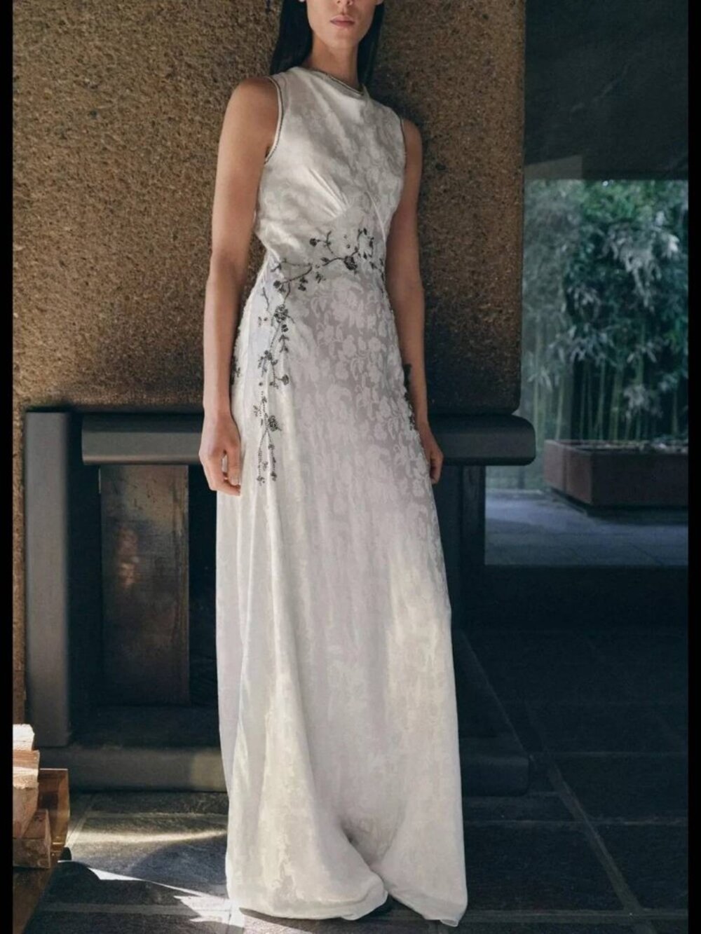 Zara Women Maxi Dress Small White Floral Jacquard Sleeveless Beaded 5344/126 NWT